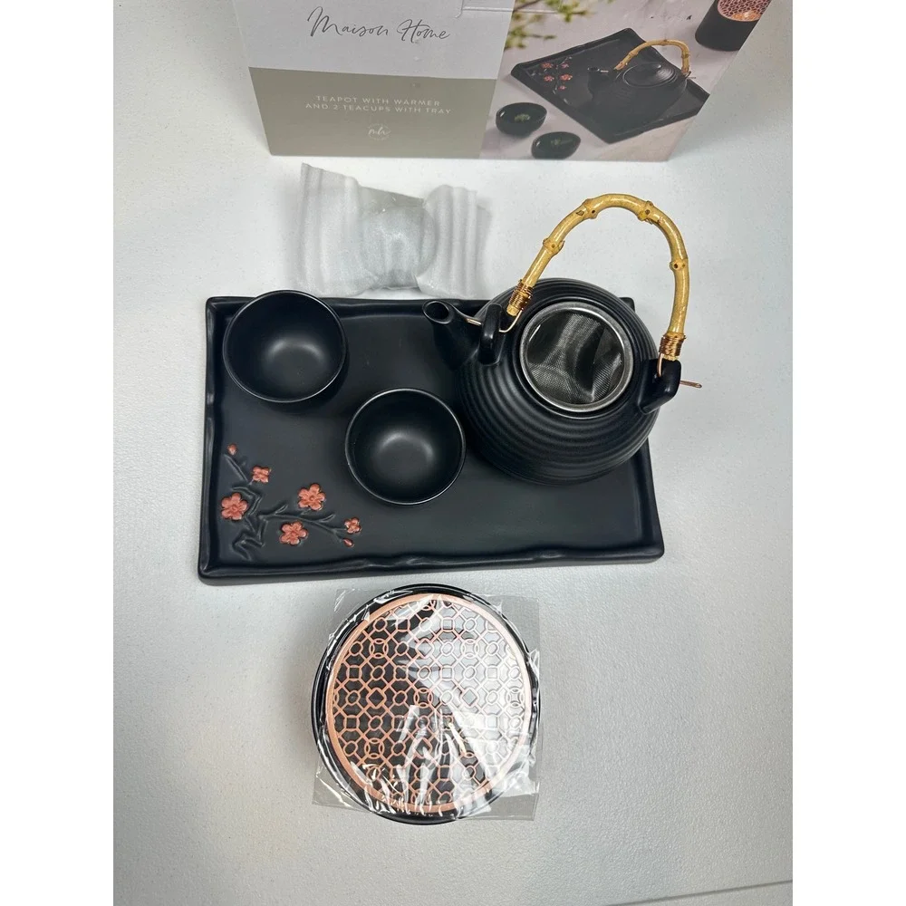 Maison Home Matte Black Ceramic Tea Set Teapot Warmer 2 Cups Tray Cherry Blossom